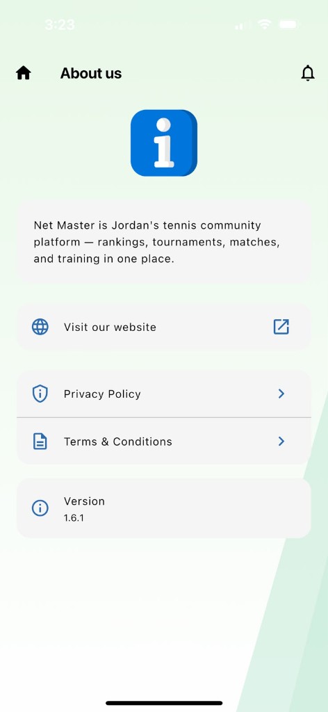 Net Master about screen with links to the website, privacy policy, terms and conditions and app version