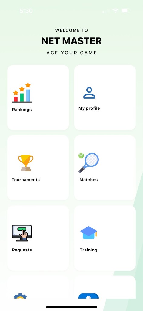 Net Master app home screen showing Rankings, My profile, Tournaments, Matches, Requests and Training tiles